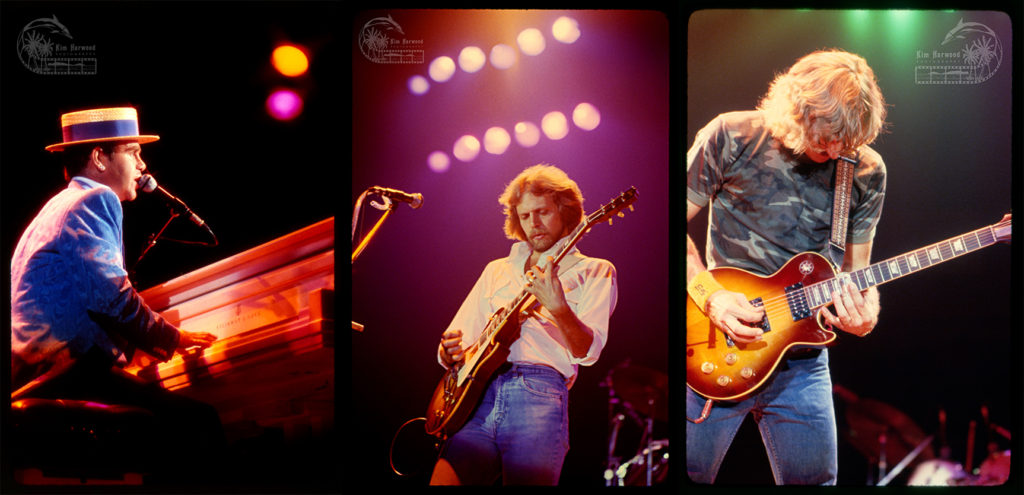 Elton John (left), & Don Felder/Joe Walsh of The Eagles (right). Photos by Kim Harwood